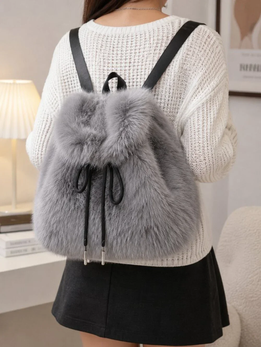 Soft Gray Faux Fur Backpack Plush Winter Drawstring Mini Backpack Cute Cozy Bag